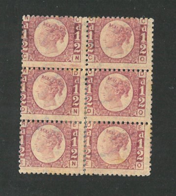 Lot 359 - Great Britain. 1870 1/2d Bantam, Plate 20 mint block of six. Some perf splitting and hinged on four