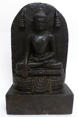 Lot 113 - An Indian Pala Dynasty Black Stone Stele of a Seated Buddha, circa 10th century, on a...