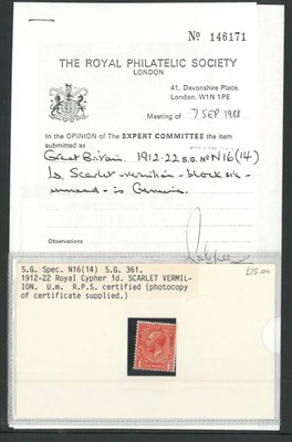 Lot 374 - Great Britain. 1912 -1922 1d scarlet - vermilion unmounted SG Spec N16 (14) Copy of RPS Cert 1988