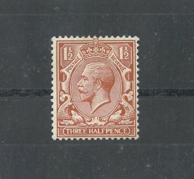 Lot 375 - Great Britain. 1912 1 1/2d chocolate brown, unmounted with no watermark. Slight gum crease not...