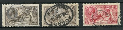 Lot 378 - Great Britain. 1918 Bradbury Wilkinson 2s 6d Seahorses x 2 and a 5s, all used