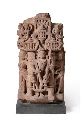 Lot 114 - An Indian Carved Sandstone Panel, Rajasthan, circa 900AD, carved with a deity within an...