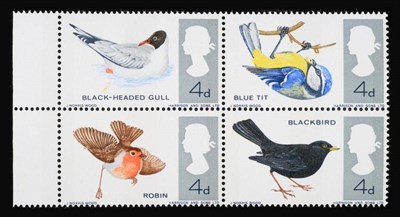 Lot 386 - Great Britain. 1966 British birds, unmounted marginal block of four with green omitted from...