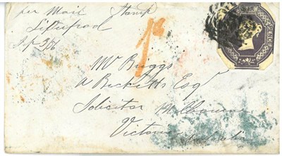 Lot 432 - Great Britain.  April 1856 cover to Australia, bearing 6d embossed (cut to shape) tied to cover...