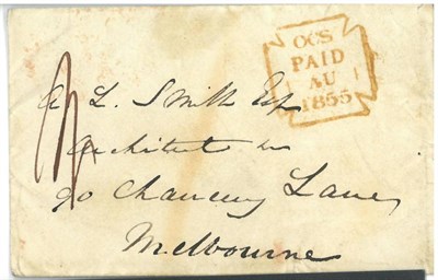 Lot 433 - Great Britain.  A small stampless August 1855 cover to Australia, with fine red ";OCS/Paid/1AU/1855