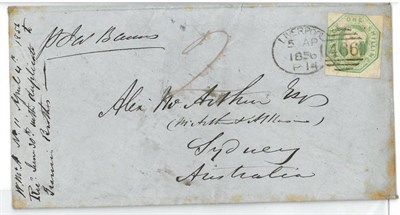 Lot 434 - Great Britain.  April 5 1856 cover to Sydney, bearing 1s embossed, (cut square), tied by...