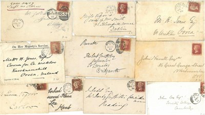 Lot 437 - Great Britain.  A small group of 1858-1879 1d reds on either covers or fronts.  Some with Irish...