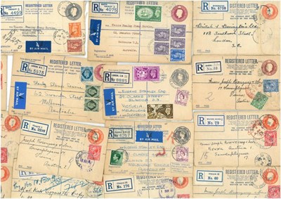 Lot 438 - Great Britain.  A bundle of fifteen registered letters 1921-1956 with many uprated for foreign...