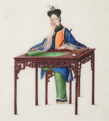 Lot 122 - A Chinese Export Pith Paper Painting, dated 1910, painted with a Sanxian player, 13.5cm by...