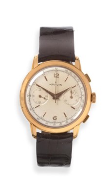 Lot 146 - An 18ct Gold Chronograph Wristwatch, signed Marvin, circa 1955, lever movement signed, silvered...