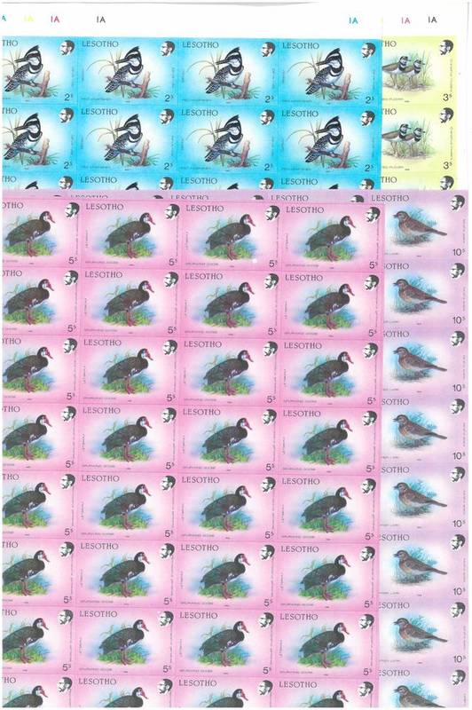 Lot 218 - Lesotho. 1988 Birds 2s part sheet of forty, 3s full sheet, 5s part sheet of thirty two, 10s...