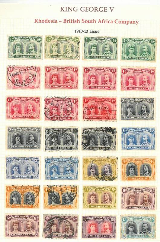Lot 235 - Rhodesia. A album page holding a range of 1910 to 1913 1/2d to 1s double heads mint and used...
