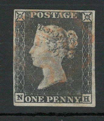 Lot 307 - Great Britain. 1840 1d grey black N-H, plate 1a. Four margins, fine used with red Maltese cross
