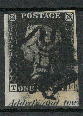 Lot 308 - Great Britain. 1840 1d black T-F, plate 1a, three margins, with lower margin showing part...