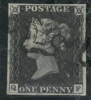 Lot 309 - Great Britain. 1840 1d black Q-F, plate 1b. Four margins, used with black Maltese cross