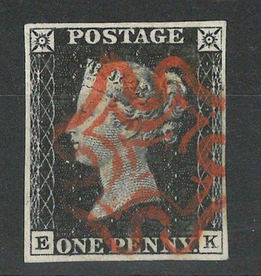 Lot 310 - Great Britain. 1840 1d black E-K, plate 2. Four margins used with fine red Maltese cross