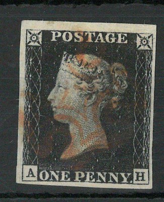Lot 312 - Great Britain. 1840 1d black A-H, plate 6. Four margins, used with red Maltese cross