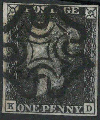 Lot 315 - Great Britain. 1840 1d black K-D, plate 7. Four margins used with a fine black Maltese cross
