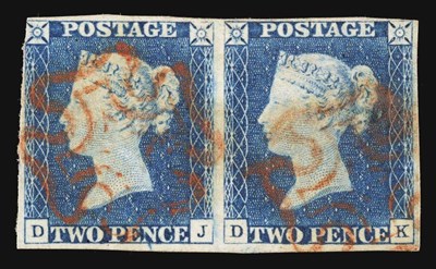 Lot 318 - Great Britain. 1840 2d deep full blue horizontal pair DJ/DK. Two large margins, used with red...