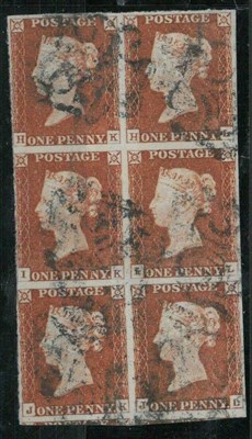 Lot 320 - Great Britain. 1841 1d red HK/JL, three margins. Used vertical block of six with ivory heads