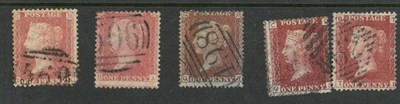 Lot 323 - Great Britain. Five perforated 1d reds used with inverted watermarks. Plates 83 and 117, plus three