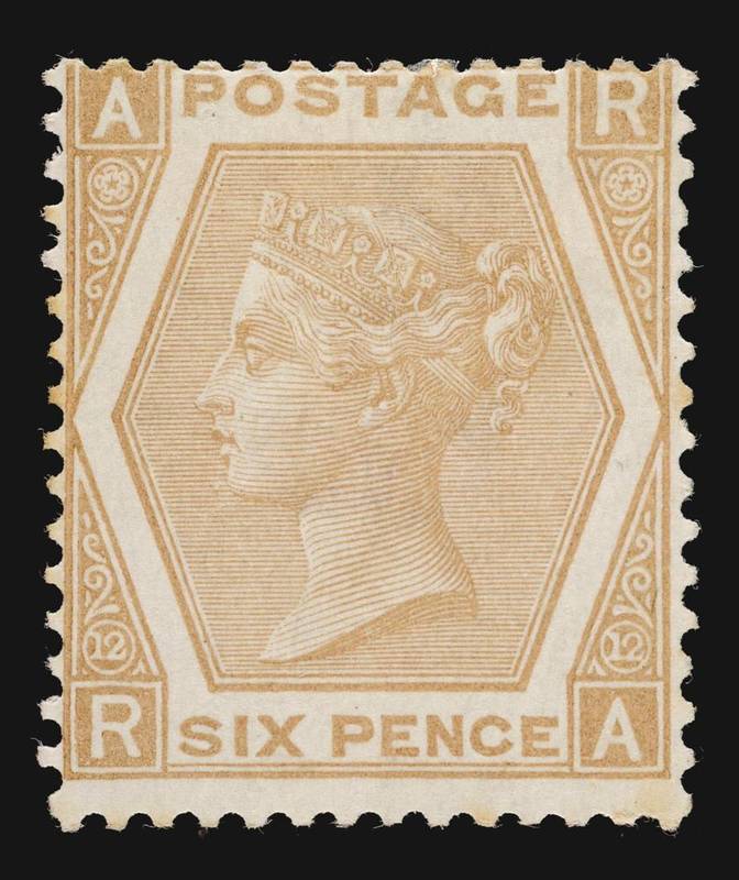 Lot 329 - Great Britain. 1872 to 1873 6d pale buff RA, Plate 12. Centred to top with original gum BPA...