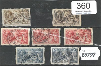 Lot 360 - Great Britain. 1913 to 1918 Sea horses 2s6d (2), 5s (3), 10s (2), used. Various printers and...