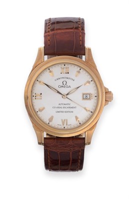Lot 163 - An 18ct Gold Limited Edition Automatic Calendar Centre Seconds Wristwatch, signed Omega, model:...
