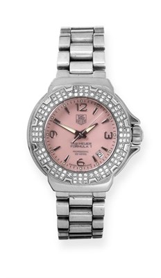 Lot 171 - A Lady's Stainless Steel Diamond Set Calendar Centre Seconds Wristwatch, signed Tag Heuer,...