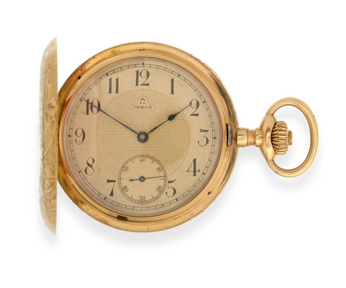 Lot 197 - A 14ct Gold Full Hunter Pocket Watch, signed Omega, circa 1920, lever movement signed, gilt...