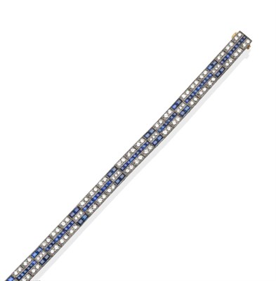 Lot 222 - A Sapphire and Diamond Bracelet, of geometric design, set with round brilliant cut diamonds,...