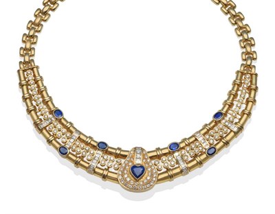 Lot 227 - A Sapphire and Diamond Necklace, the collar set with one heart shaped and six oval cut...