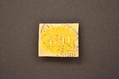 Lot 151 - Brazil. 1861 430r yellow. Four large margins, used with fine framed Correio Da Bahia/Brazil in...