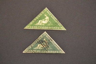 Lot 160 - Cape of Good Hope. 1855 to 1859 1s bright yellow green and 1s deep dark green. Both with two...