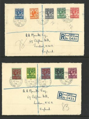 Lot 173 - Falkland Islands. Two registered fronts from Port Stanley to London on 12 August 1936, bearing...