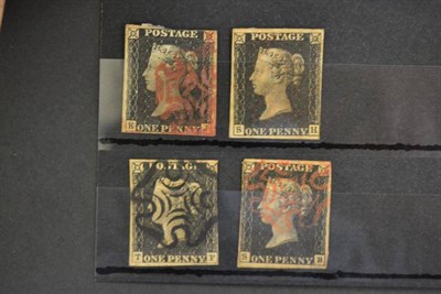 Lot 342 - Great Britain. Four 1840 1d blacks K-J, S-B, S-H, T-F. All three margins, used