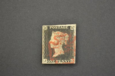 Lot 349 - Great Britain. 1840 1d black J-D. Four margins, used with red Maltese cross