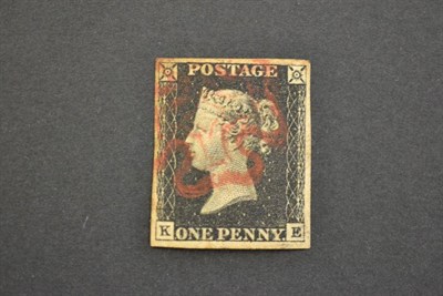 Lot 352 - Great Britain. 1840 1d black K-E, four margins. used with red Maltese cross