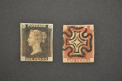 Lot 354 - Great Britain. 1840 1d black and 1841 1d red O-I matched pair, used. Four margins to 1d black,...