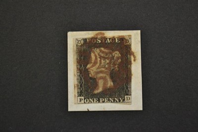 Lot 355 - Great Britain. 1840 1d black P-D, two margins. tied to small piece by brown Maltese cross