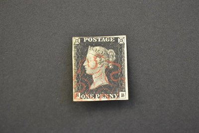 Lot 357 - Great Britain. 1840 1d black S-B. Four margins, used with red Maltese cross