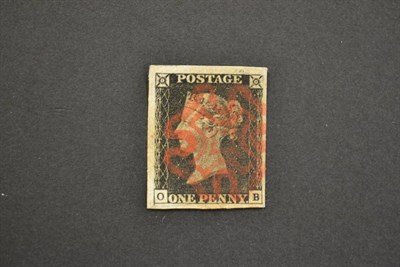 Lot 360 - Great Britain. 1840 1d black O-B, plate 1b. Four good margins, used with a red Maltese cross