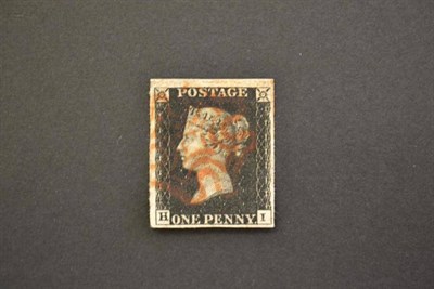 Lot 363 - Great Britain. 1840 1d black H - I, plate 6. Four large margins, used with orange red Maltese cross