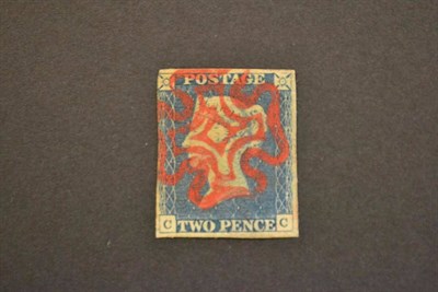 Lot 367 - Great Britain. 1840 2d blue C-C, three margins. Used with fine red Maltese cross