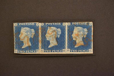 Lot 370 - Great Britain. 1840 2d blue horizontal strip of three GG/GI. Two margins, used with red Maltese...