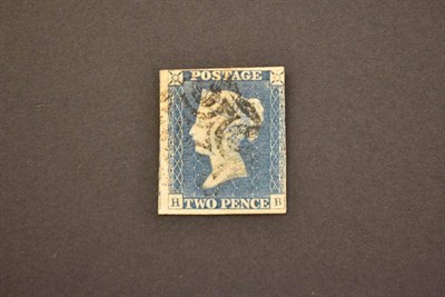 Lot 371 - Great Britain. 1840 2d blue H-B, three margins (just touched upper left). Used with black...