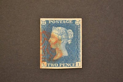 Lot 373 - Great Britain. 1840 2d blue L-I, plate 1. Four margins, used with red Maltese cross