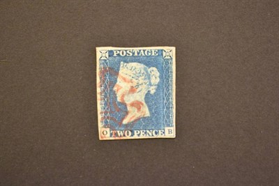 Lot 375 - Great Britain. 1840 2d Blue O - B. Four good margins, used with pale brownish magenta Maltese...