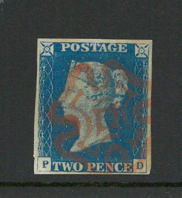 Lot 376 - Great Britain. 1840 2d bright blue P-D, plate 1. Four margins, used with red Maltese cross. SG Spec