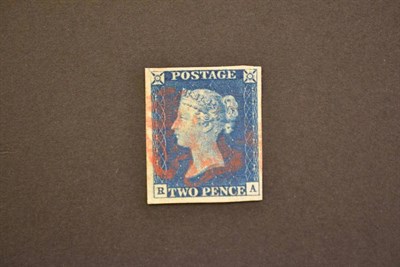 Lot 377 - Great Britain. 1840 2d blue R - A, plate 1. Four good margins used with red Maltese cross